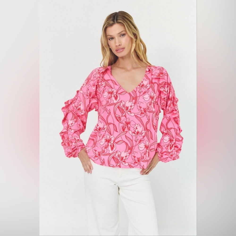 NWT Hutch Marston Blouse in Pink/Red Organic Vining Orchids Satin size Small